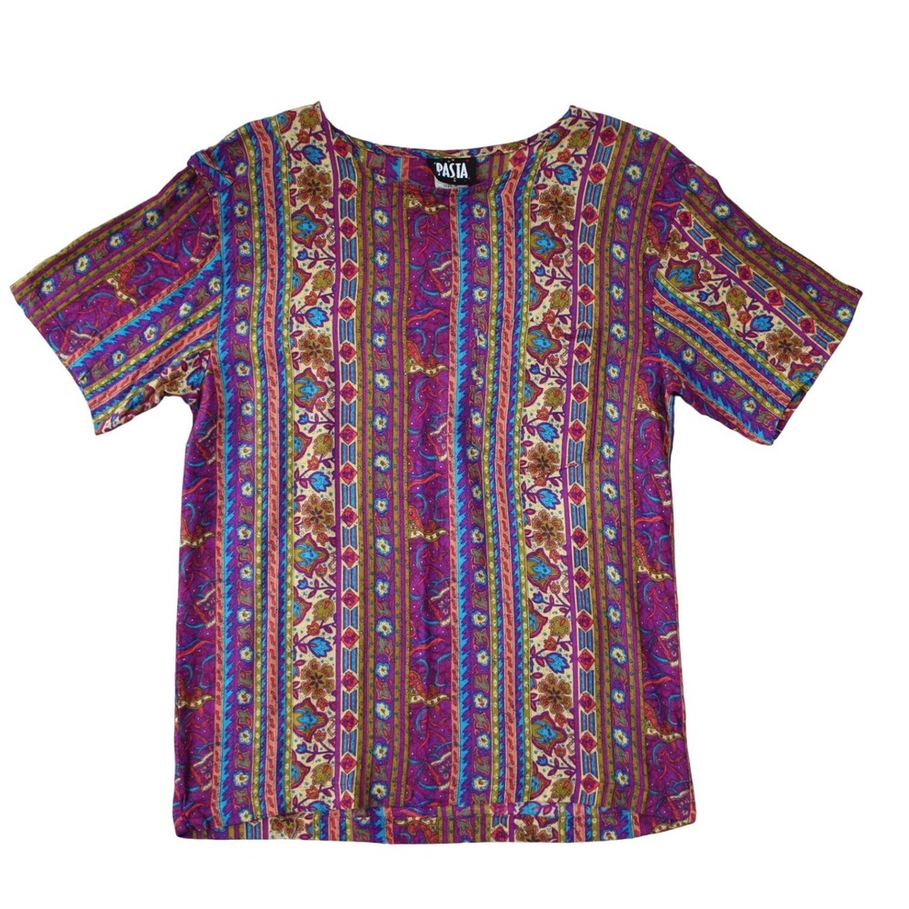 Vintage 90s Pasta Rayon Abstract Stripe Short Sleeve Top USA Medium